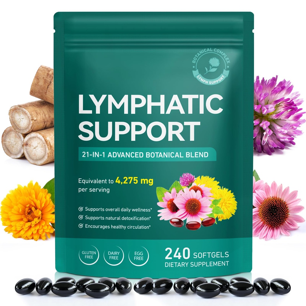 Lymphatic Drainage Supplement – 4,275 mg 21-in-1 Botanical Complex, Echinacea, Burdock Root, Red Clover, Elderberry & Dandelion, Supports Natural Detox & Healthy Circulation, 240 Softgels