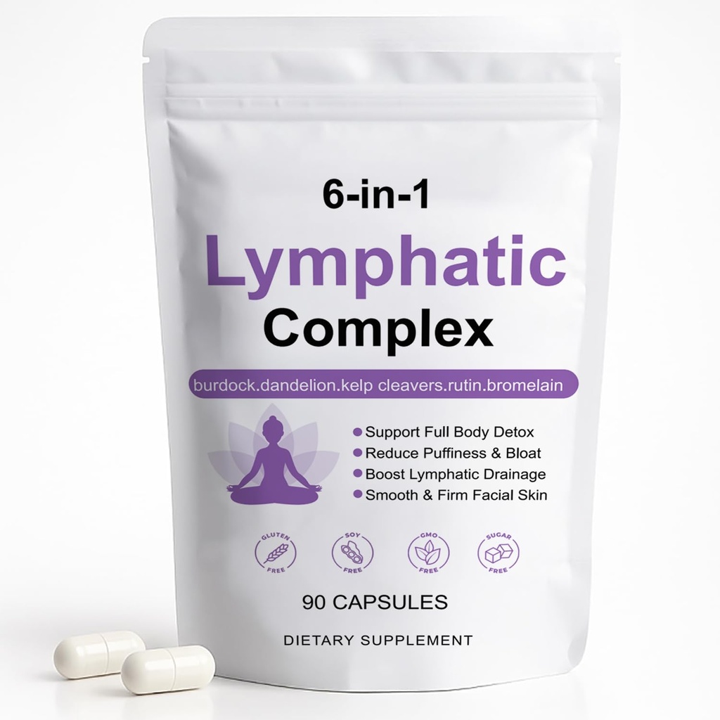 Lymphatic Complex 6 in 1 Capsules - Lymphatic Drainage for Reduce Bloat, Balance Cortisol, Burdock, Dandelion, Kelp Cleavers (90 Servings)