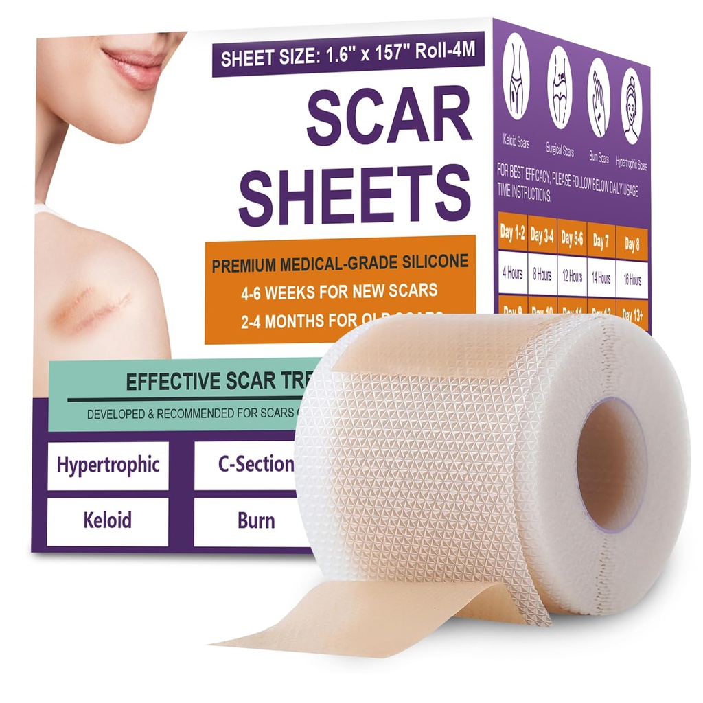 Silicone Scar Sheets, Medical Grade Silicone Scar Tape for Surgical, Hypertrophic, Keloid, C-Section, Burn, Old & New Scars, Reusable Professional Scars Removal Sheets (1.6"X 157" Roll-4M)
