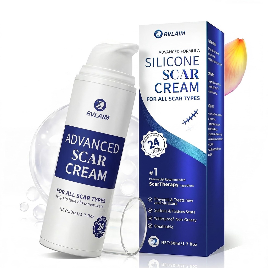 Rvlaim Silicone Scar Cream Scar Gel, Advanced Scar Removal Cream for Surgical Scars, Acne Marks, Stretch Marks, Keloids, C-Section, Burns, Old and New Scars, 1.7 fl oz