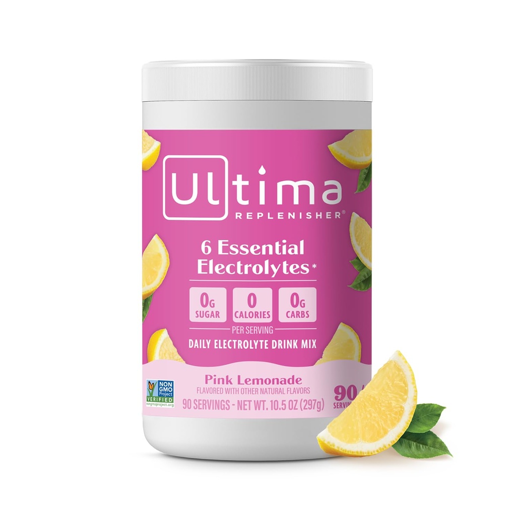 Ultima Replenisher Daily Electrolyte Powder Drink Mix – Sugar Free – Pink Lemonade, 90 Serving – Hüdratsioonipulber 6 võtmega elektrolüütide ja mikromineraalidega – Keto Sõbralik, Vegan, Non-GMO