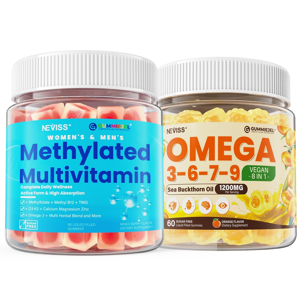Methylated Multivitamin for Women & Men Gummies w/ Omega-3, Calcium, D3 K2 + Omega 3-6-7-9 Gummies, Organic Sea Buckthorn Oil 1200MG & Flaxseed Oil 500MG, Vegan Omega 7 Supplement w/Vitamin A, C, E