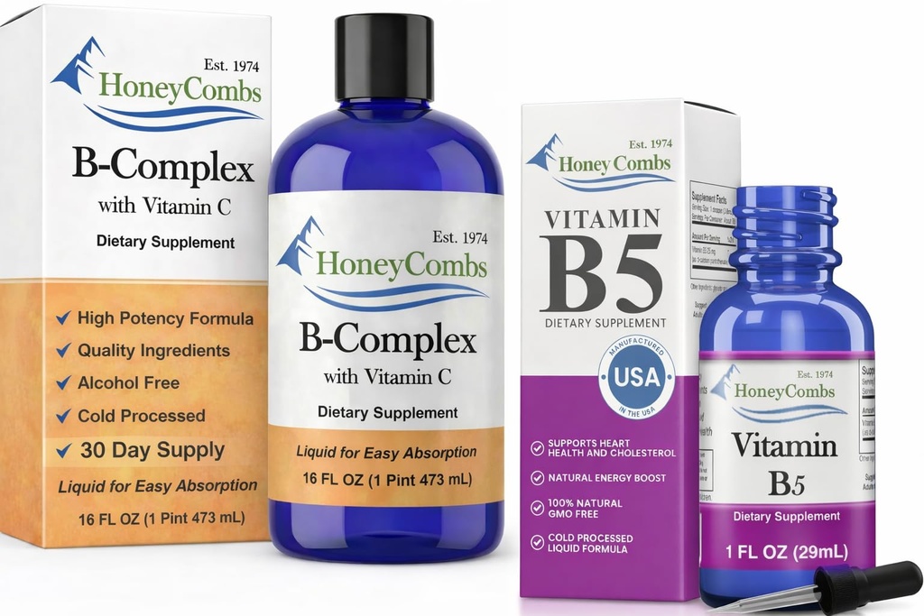 Liquid B Complex 16 oz + B5 Pantothenic Acid Drops 1 oz Bundle – Vitamin B Complex Liquid Supplement with B1 B2 B3 B6 B12 Biotin Niacin – Fast Absorbing Liquid Vitamins for Energy Metabolis
