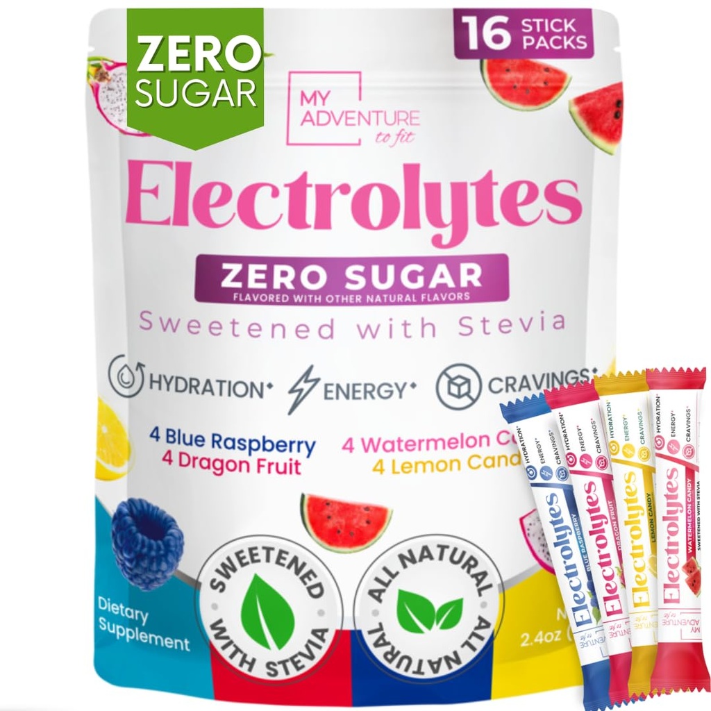 My Adventure to Fit Electrolytes Powder Packets – 16 Sugar-Free Hydration Packets, Potassium Supplement, Watermelon Candy, Blue Raspberry, Lemon Candy, Dragon Fruit – Zero Sugar, Keto Electrolytes