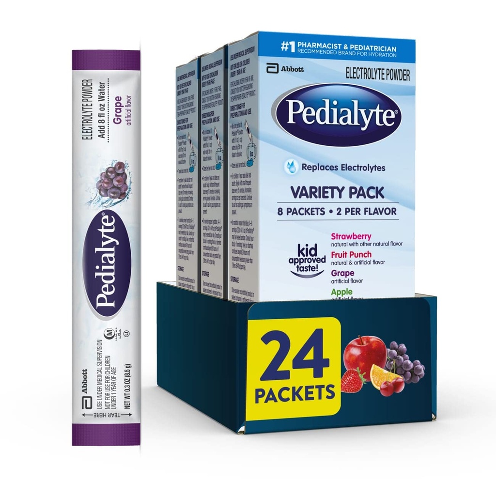 Pedialyte Electrolyte Powder, Hydration Drink for Kids & Adults, Variety Pack: Strawberry, Fruit Punch, Grape, and Apple, 24 Powder Packets