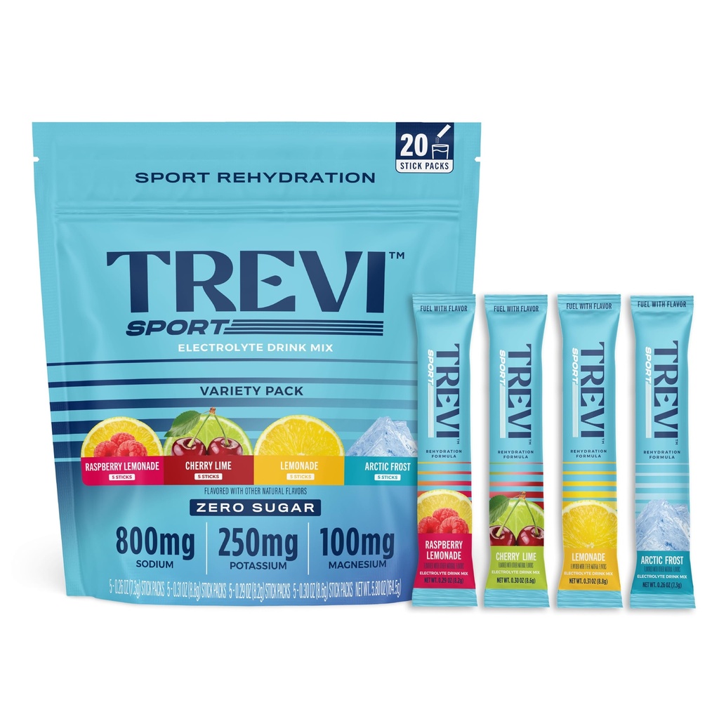TREVI™ Sport Electrolytes Powder Packets Sugar Free - 800mg Sodium - 250mg Potassium - 100mg Magnesium - Water Drink Mix Rehydration Essentials - 20 Count - Variety Pack