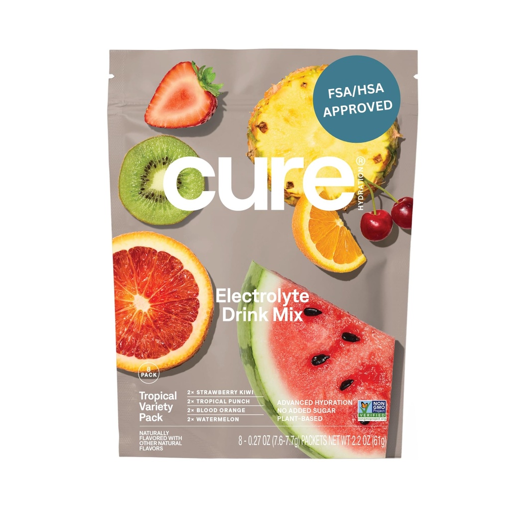 Cure Hydration | Plant-Based Electrolyte Drink Mix | No Added Sugar | FSA-HSA | Dehydration Relief Powder Made with Coconut Water | Non-GMO | Vegan | 8 Packets - Tropical Variety Pack
