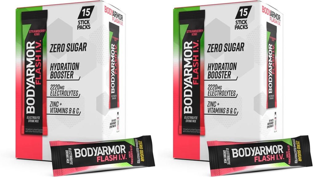 BODYARMOR Flash IV Electrolyte Packets,Strawberry Kiwi - Zero Sugar Drink Mix,Single Serve Packs,Coconut Water Powder,(Pack of 30)