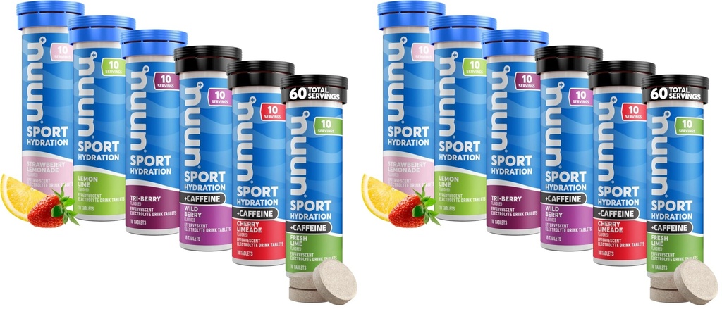 Nuun Sport + Caffeine Electrolyte Tablets – Dissolvable in Water,Variety Packs, 5 Essential Electrolytes for Hydration, 1g Sugar Drink Mix, Vegan,Non-GMO, (60 Total Servings),6 Count (Pack of 2)