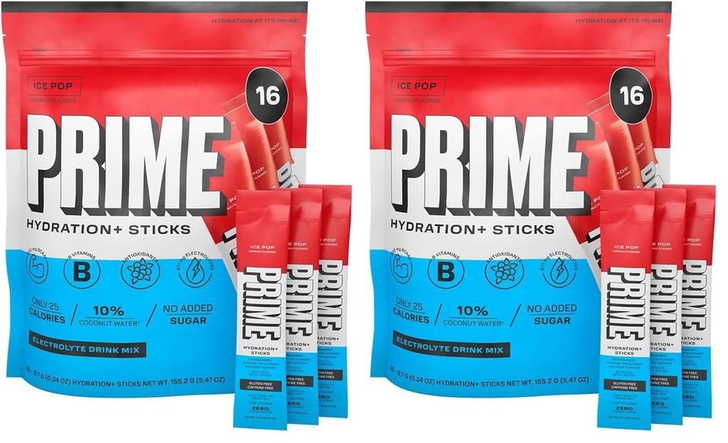 PRIME HYDRATION+ Sticks ICE POP | Hydration Powder Single Serve Sticks | Electrolyte Powder On The Go-| Low Sugar-| Caffeine-Free-| Vegan-| 16-Sticks,(Pack of 2)