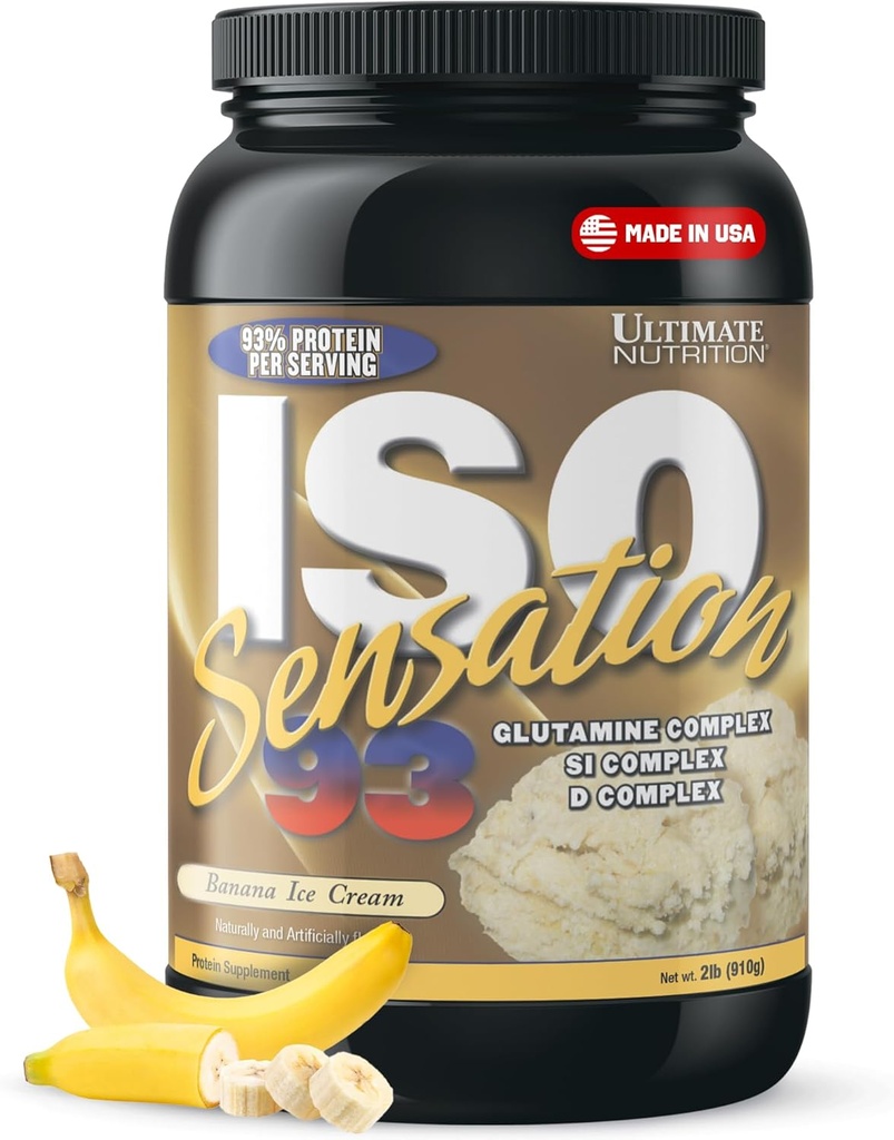 Ultimate Nutrition Whey Protein Isolate Powder with Glutamine Complex, ISO Sensation 93 - Syrovátkový protein Powder with Added Colostrum for Enhanced Recovery, Immunity & Gut Health - Banana, 2lbs