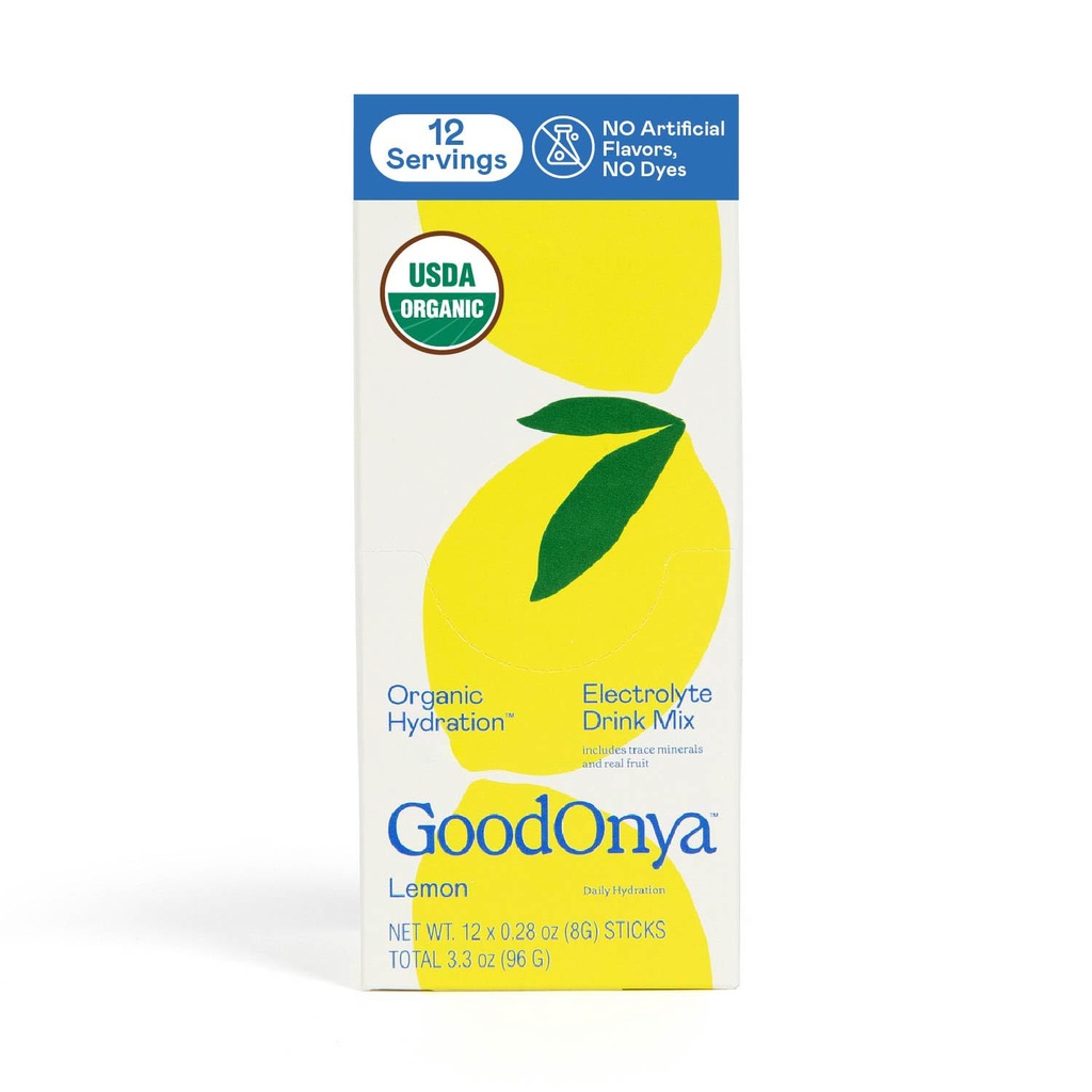 GOODONYA Organic Hydration Electrolyte Drink Mix, Certified Organic Hydration Powder, Non-GMO, Biochecked Glyphosate Free, Low Sugar, Lemonade Flavor, No Artificial Flavors,12 Stick Packs