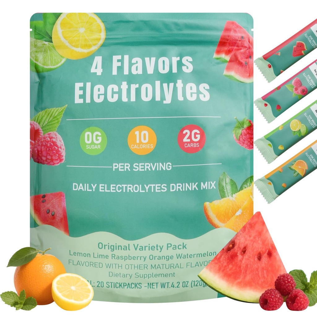 Electrolyte Powder Packets Sugar Free – Hydration Drink Mix with Potassium, Magnesium & Sodium – Zero Sugar Electrolytes for Rapid Rehydration – 20 Stick Packs, Variety Flavors