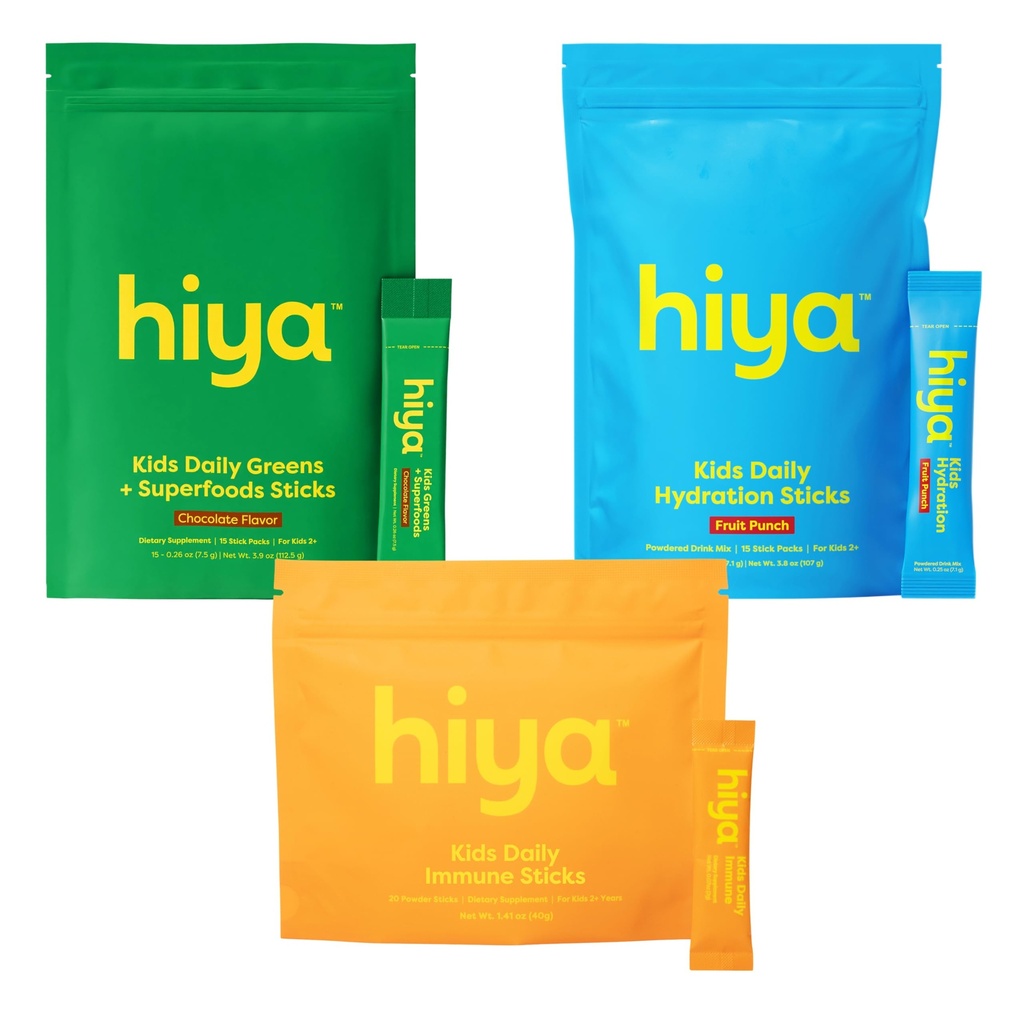 HIYA Kids Immune & Daily Wellness – Immune Support + Greens Powder (Chocolate) + Hydration Electrolytes Sticks (Ages 2+) - Virtual Bundle