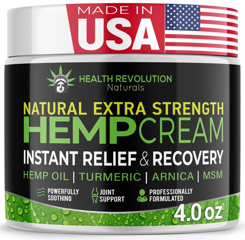 Health Revolution Hemp Arnica Cream Maximum Strength - Soothes Muscles, Joints, Feet, Nerve, Back, Knee, Hip, with Arnica, MSM, Emu, Turmeric - Expertly Formulated 4oz