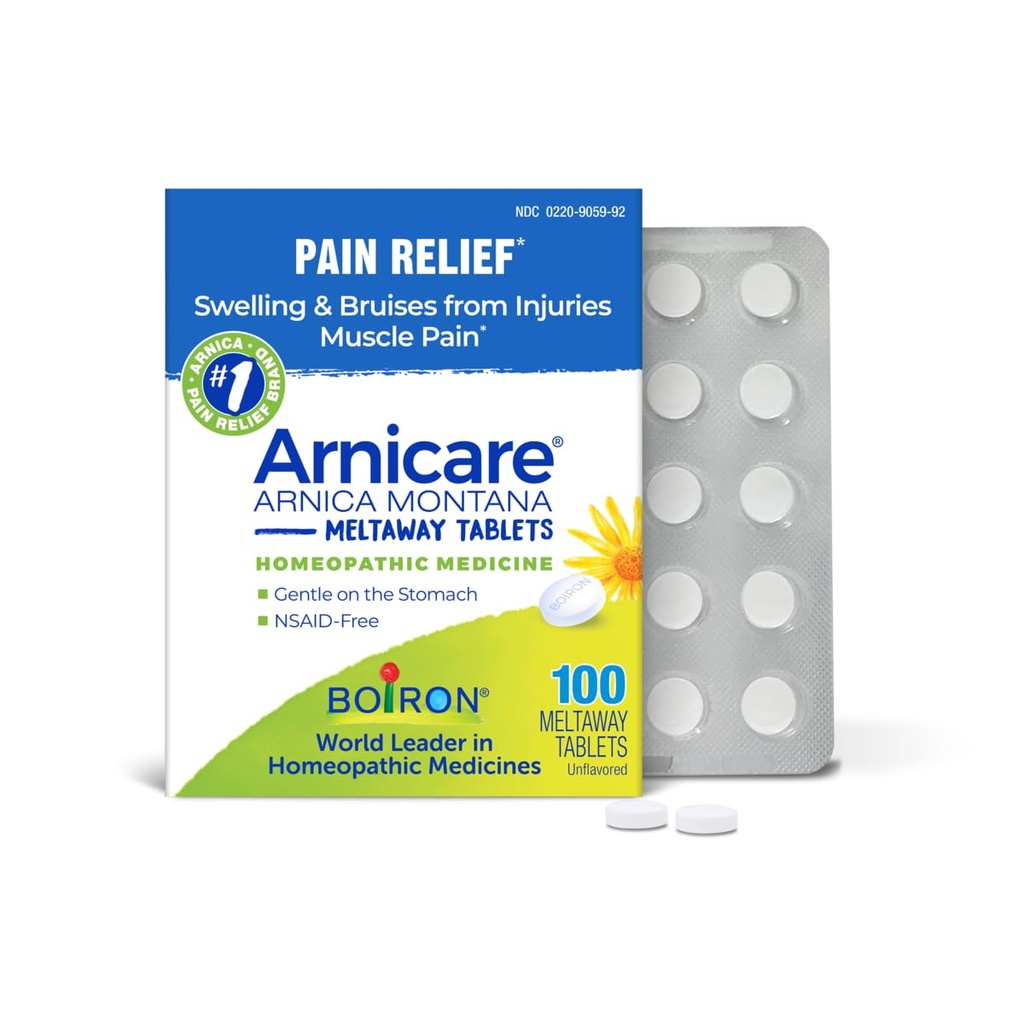 Boiron Arnicare Tablets - 100 Count for Pain Relief from Muscle Pain, Joint Soreness, Swelling from Injury or Bruises - Arnica Meltaway Tabs