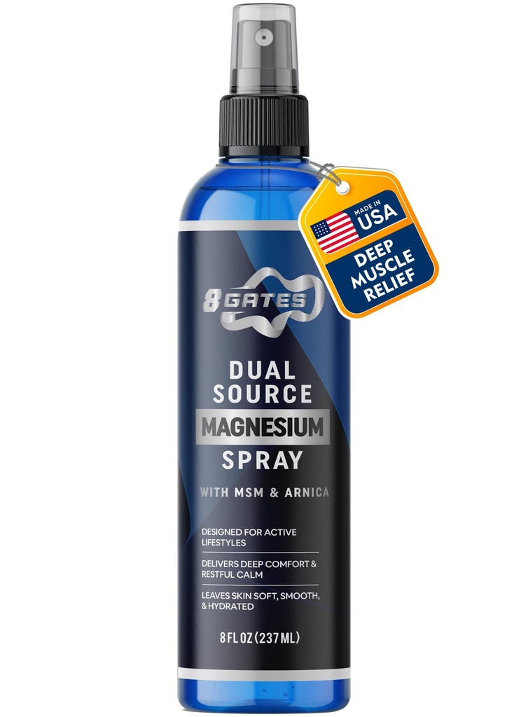 8 Gates Dual Source Magnesium Oil Spray for Pain Relief with MSM & Arnica – Magnesium Spray for Pain, Leg Cramps, Sore Muscles & Feet – Dead Sea Magnesium Chloride, Epsom Salt & Panthenol – 8 oz