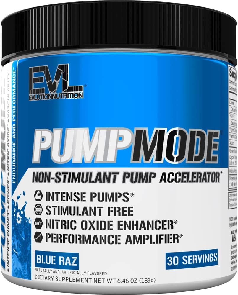 EVL PumpMode Nitric Oxide Suplement - Nitric Oxide Booster Pompa Poster Workout Powder dengan Glycerol dan Betaine untuk Pemulihan Otot dan Endurance - Stim Free Pre Workout Minum (Blue Raz)