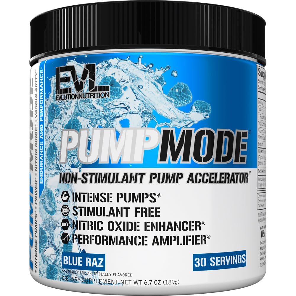 EVL PumpMode Nitric Oxide Supplement - Nitric Oxide Booster Pump Pre Workout Powder with Glycerol and Betaine for Muscle Recovery Growth and Endurance - Stim Free Pre Workout Drink (Blue Raz)