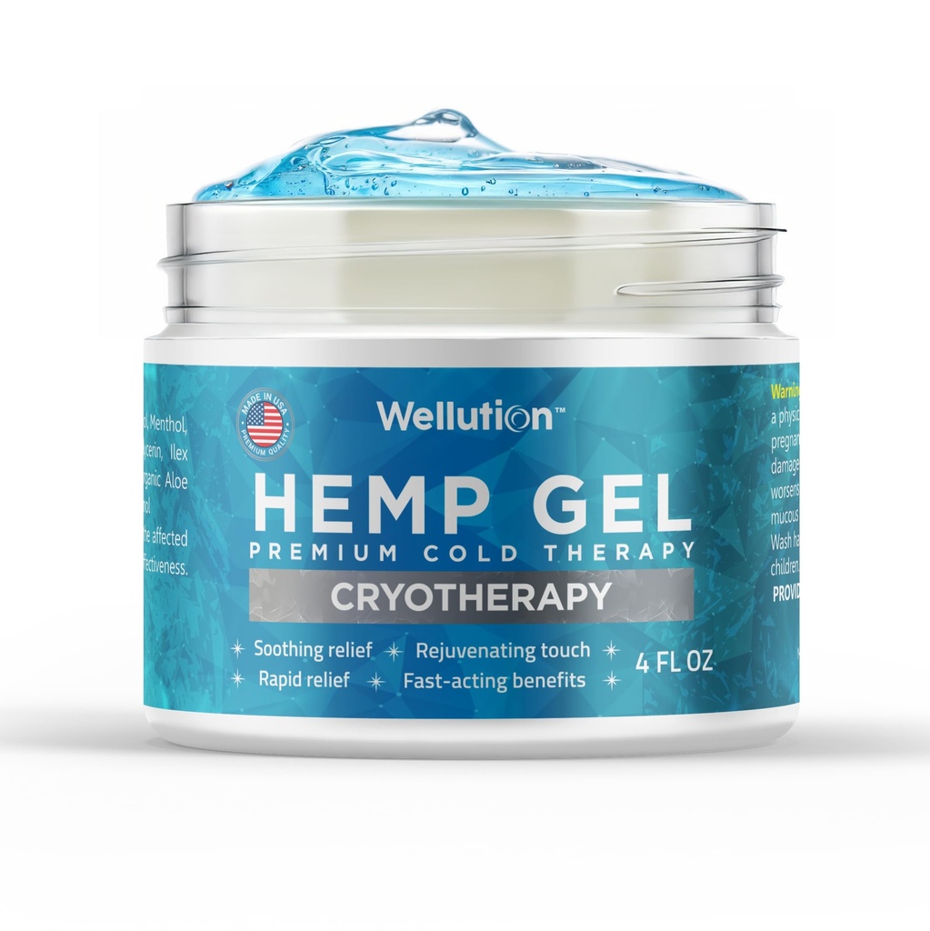 WELLUTION Cryotherapy Hemp Gel – Gentle Cooling Sensation with Menthol & Arnica – Non-Greasy, Quick-Absorbing Formula – Lightweight Gel for Comfort & Refreshing Feel – 4oz