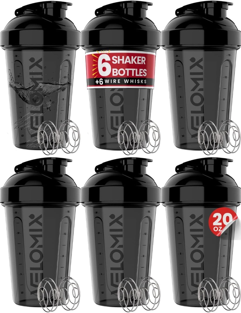 VELOMIX -6 PACK- Shaker Cups pentru Shakes Proteine 20 oz - 6x Wire Whisk 