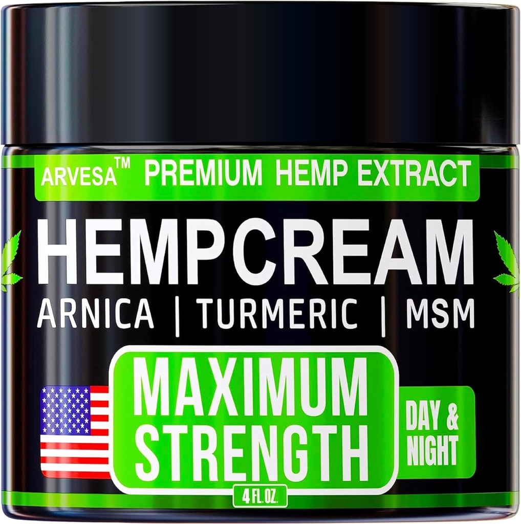 Hemp Cream Maximum Strength with Glucosamine, Arnica, Turmeric, MSM - Natural Hemp Oil Gel Rub - Fast Absorption, Non-Greasy - Advanced Formula - Formulated in USA - Menthol Scent - 4 Fl Oz