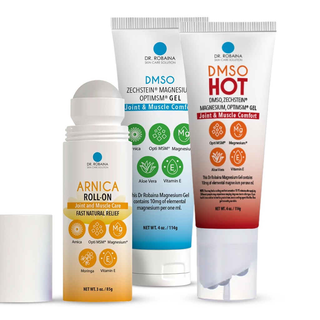 DMSO HOT & Arnica Recovery Bundle – 99.9% Pure Pharmaceutical Grade DMSO | Warming Roll-On, Fast-Absorbing Gel & Arnica Roll-On | Made in USA
