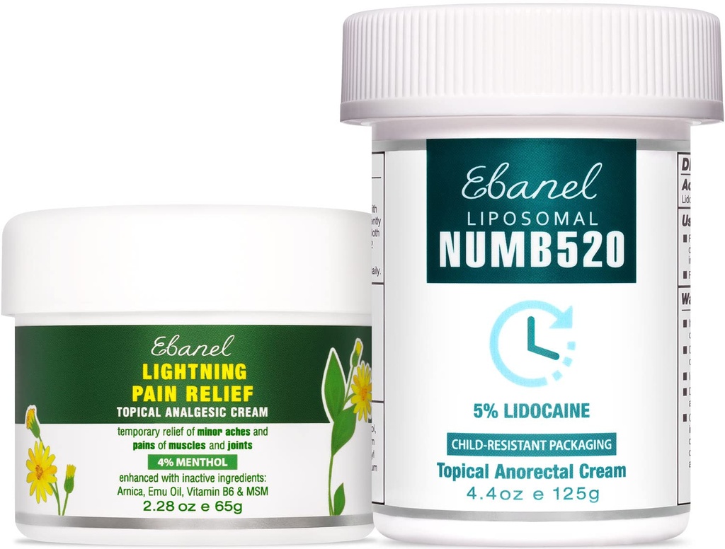Ebanel Bundle of Pain Relief Cream Arnica Menthol 2 Oz, and Topical Numbing Cream 4 Oz