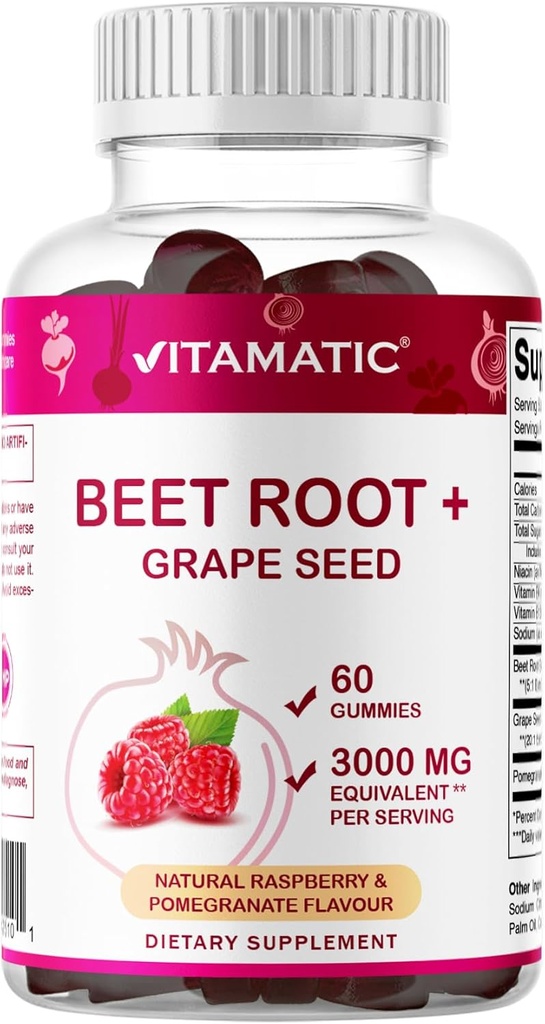 Vitamatic Beet Root Gummies - 3000mg Equivalent Per המשרתת - 60 חניכיים - מיוצר עם ויטמין B6, B12, Grape Seed, Pomegranate & Nicotinamide (Pack of 2)