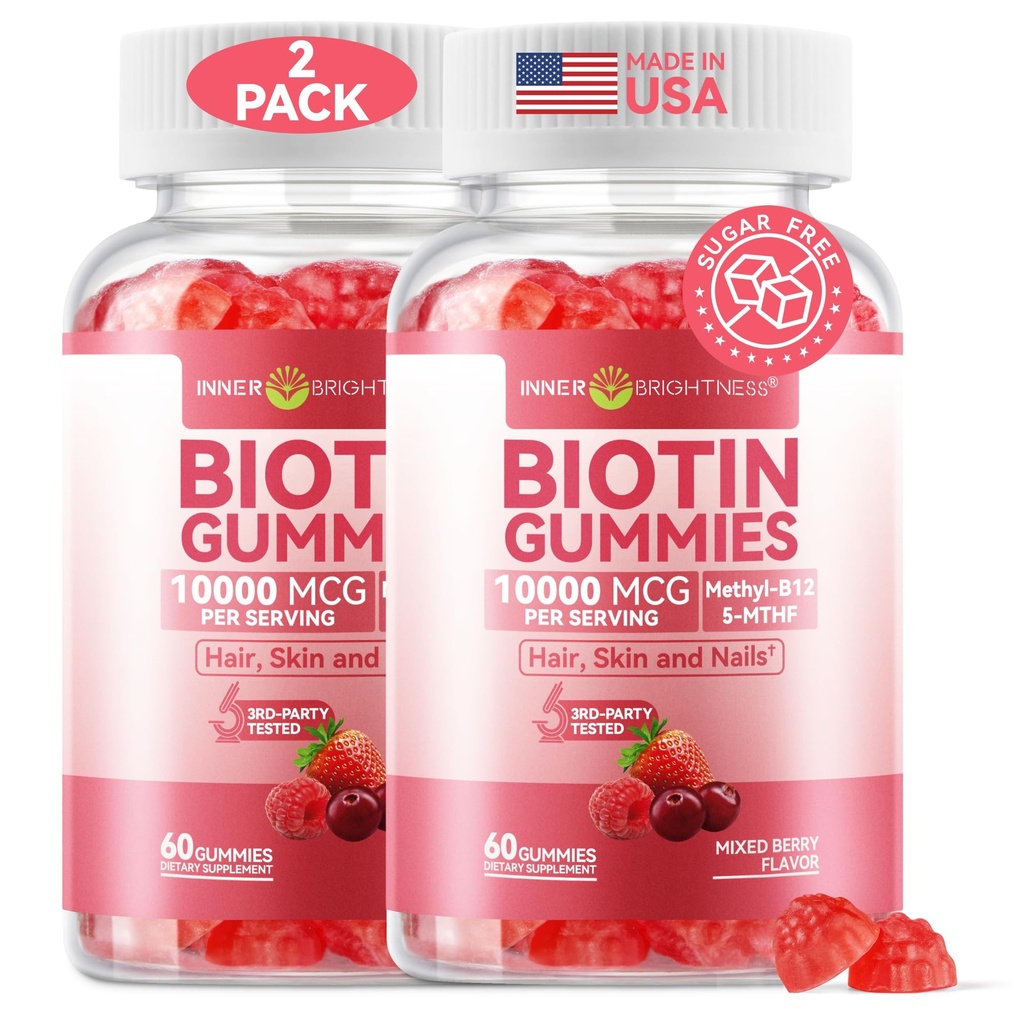 Inner Brightness Biotin Gummies 10,000 mcg – Hair, Skin and Nails Support for Women & Men – with Vitamins C, D3, B6, B12 & Folate – Mixed Berry Flavor, Sugar Free, 120 Count (2 Pack)