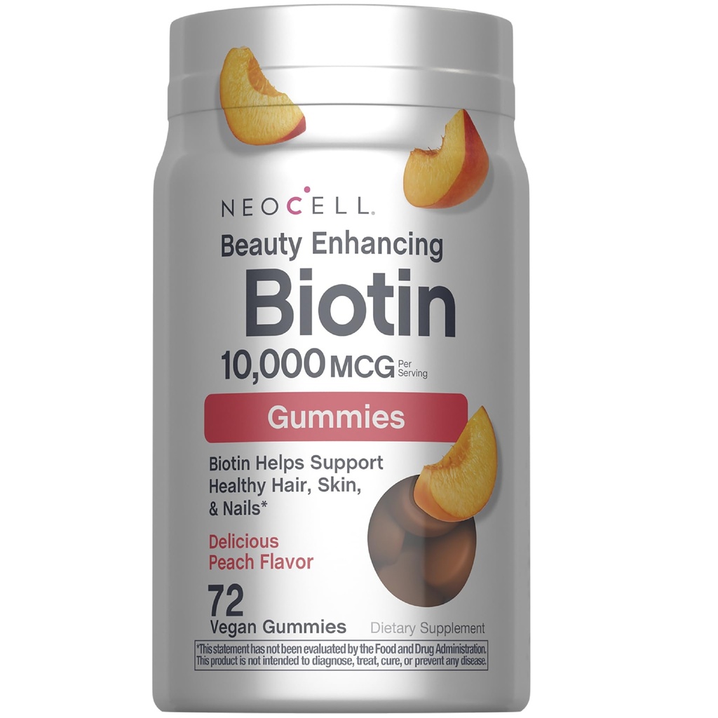 NeoCell biotin 10000mcg Gummies | 72 Count | Beauty Enhancing Supplement | Hair, Skin, and Nails | Peach Flavor