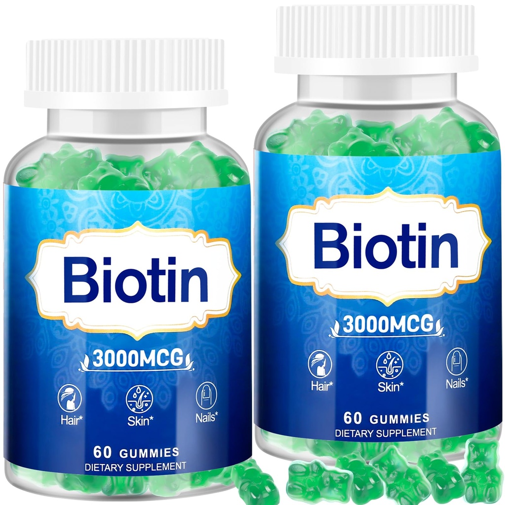 Hair Skin and Nails Gummies, 2 Pack High Potency Hair Vitamin for Women, Men & Kids, Vitamin D & E,B16,B12, Biotin Gummies for Hair Growth, Skin, and Stronger Nails, Lime Flavor, 120 Count