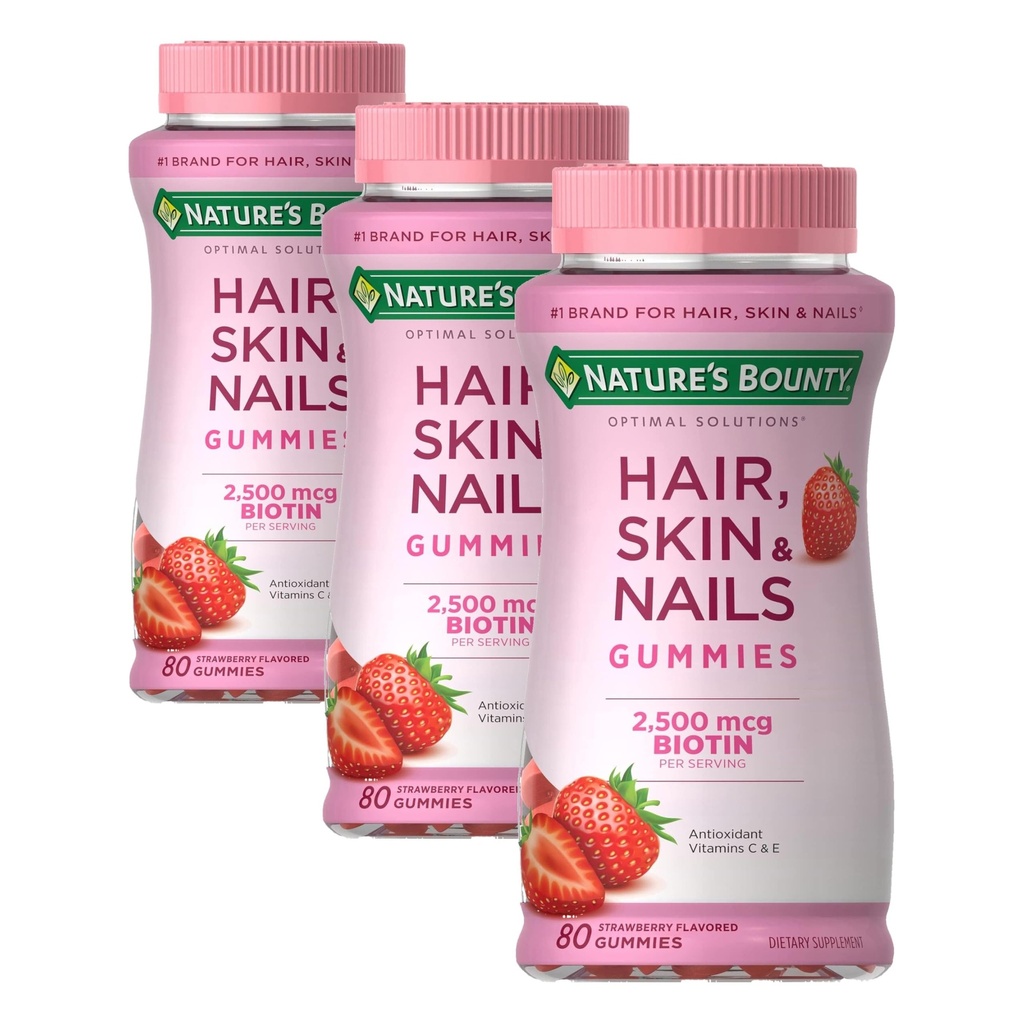 Nature's Bounty Optimal Solutions Hair,Skin & Nails Vitamin Gummies with Biotin,2500 mcg,Strawberry,80 Count (Pack of 3)