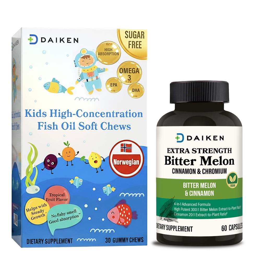 DAIKEN Bundle of Kids Fish Oil Omega-3 Gummies 300mg DHA/EPA w/Vitamin D3, Norwegian Sourced & Bitter Melon, Cinnamon & Chromium Vegetarian Capsules w/Zinc