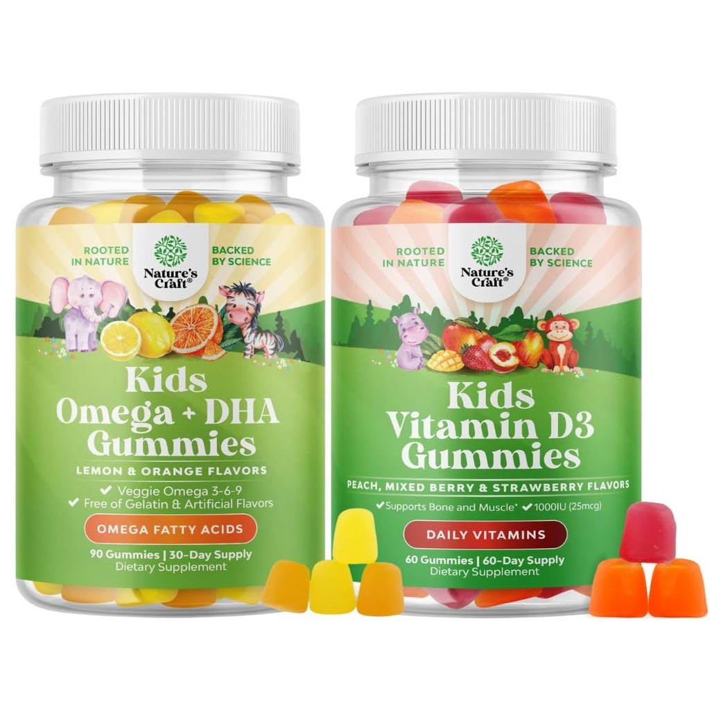Bundle of Kids DHA Omega 3 Gummies with Vegetarian 6 9 for Vision Brain & Immunity and Chewable Vitamin D Gummies for Kids - 1000 IU Per Serving Vitamins - Immune Support Muscle Teeth & Bone Health