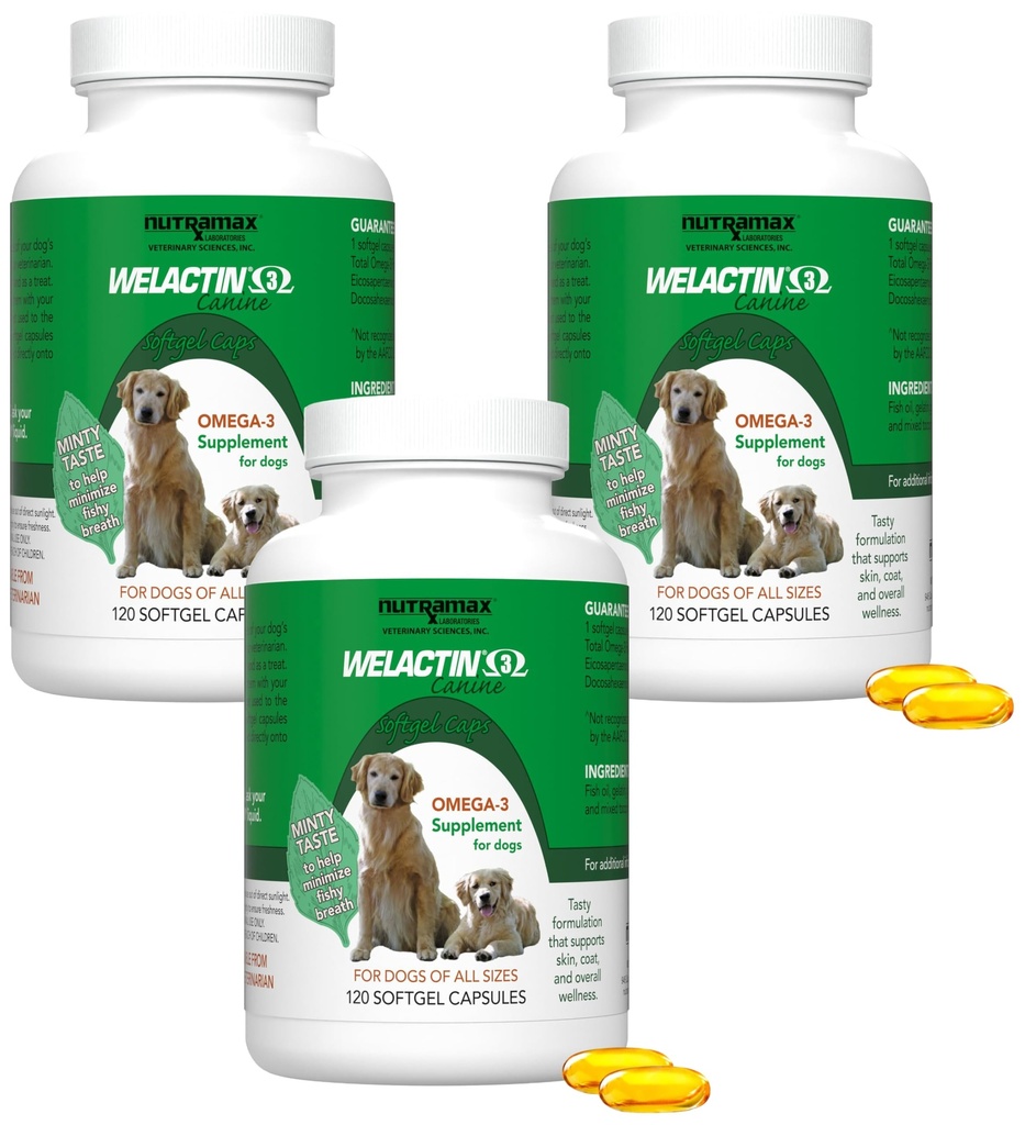 Nutramax Welactin Canine Softgels, Omega 3 Supplement for Dogs, Softgels, 120 Count (Pack of 3)