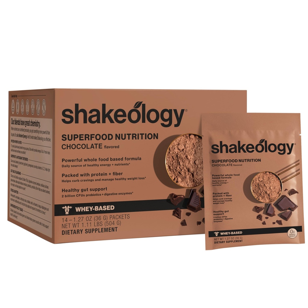 BODi Shakeology 0g Added Sugar Whey-Based Protein Powder – Gluten-Free Superfood Shake with Vitamins & Minerals – Helps Support Healthy Weight Loss & Gut Health, Chocolate, 14 Individual Packets