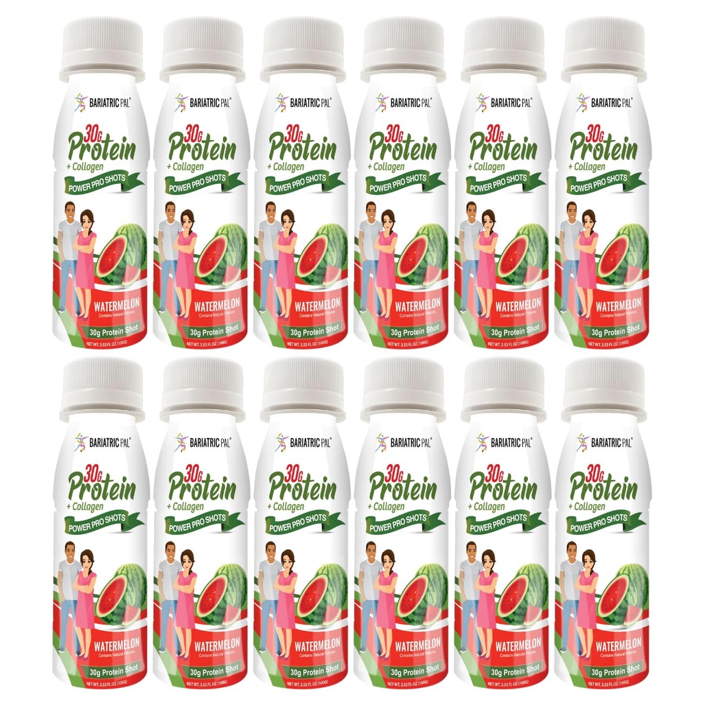 BariatricPal 30g Whey Protein & Collagen Sugar-Free Power Pro Shots - Watermelon (12 Bottles)