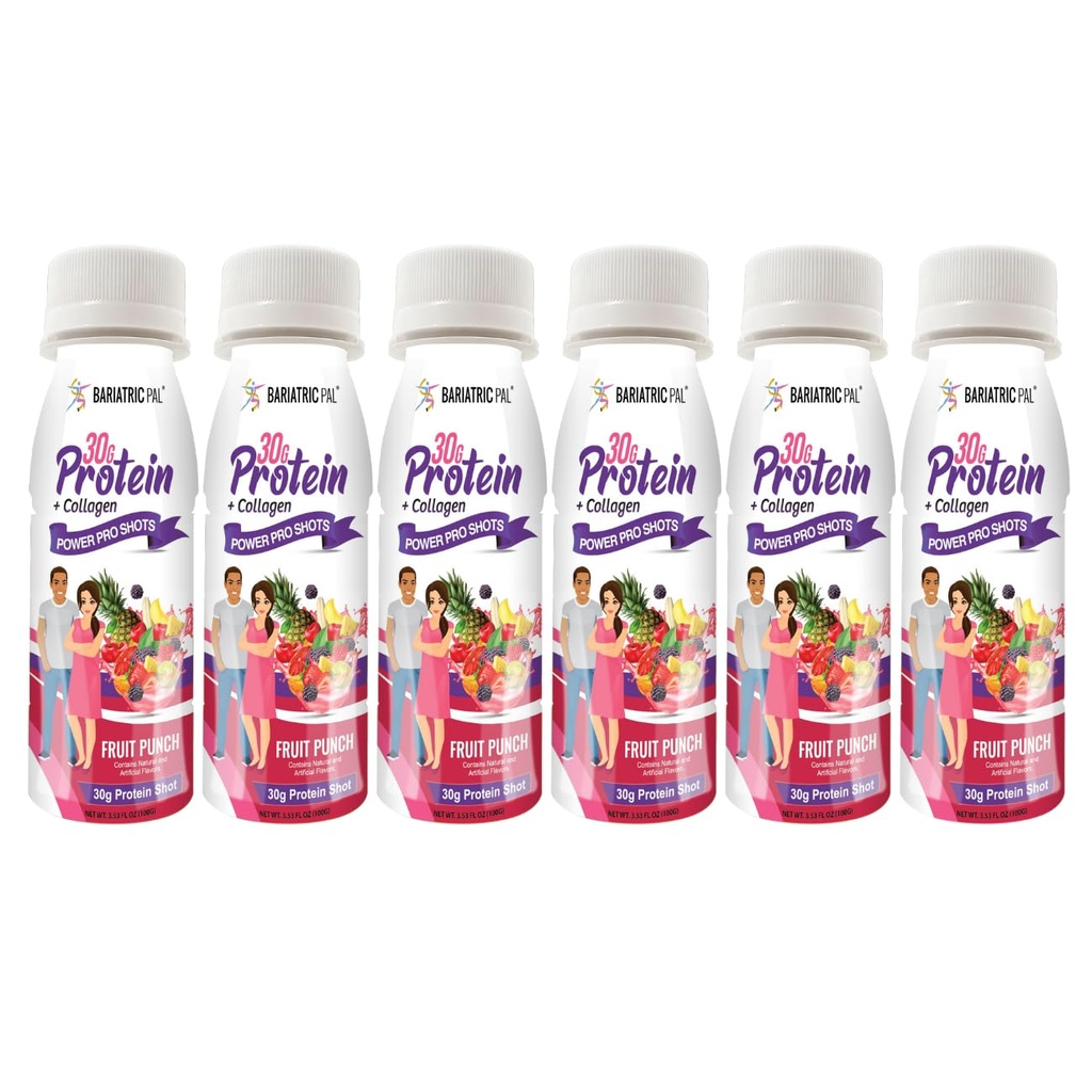 BariatricPal 30g Whey Protein & Collagen Sugar-Free Power Pro Shots - Fruit Punch (6 Bottles)