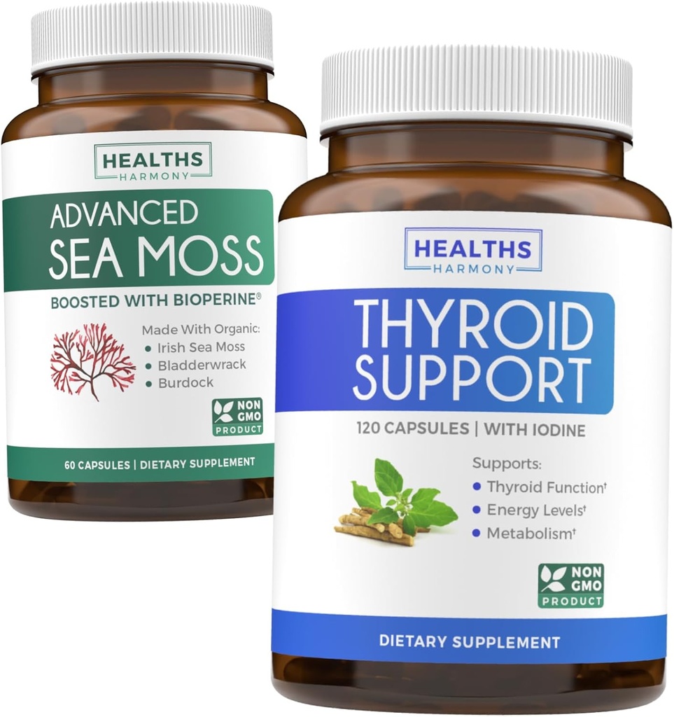 Yourroid Support & Sea Moss - Sea Thyroid Care Pack - Iodine (120 Caps) və İodine (120 Caps) ilə Tiroid Support - BioPerine (Non-GMO & Organic) ilə Raw Vegan Supplement