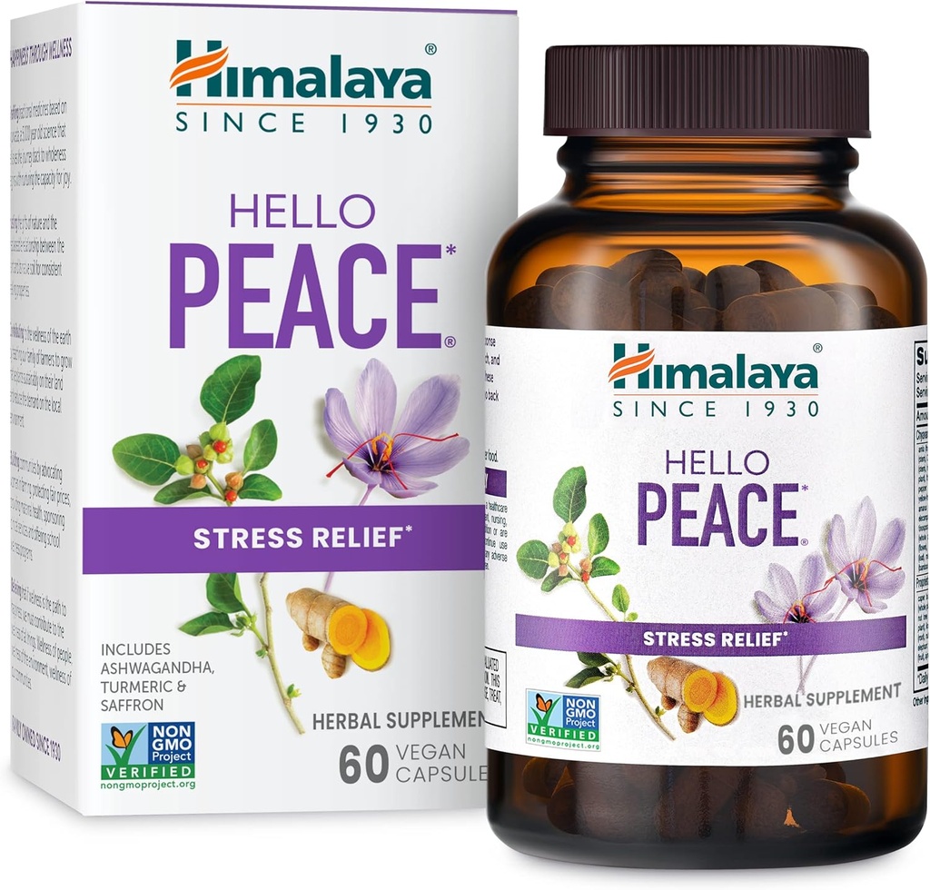 Himalaya Hello Peace -- -- 配有Ashwagandha和Turmeric用于正常科尔蒂索尔和肾上腺支持的草药压力救济补充剂 -- -- Vegan、Non-GMO、Gluten Free, 60 Capsules