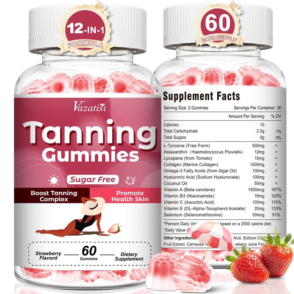 Tanning Gummies for Women, Supports Radiant Tan & Healthy Skin, Extra Strength with Astaxanthin Lycopene Beta Carotene and Vitamins - Supports Faster Tanning, Strawberry Flavored, 120 Count