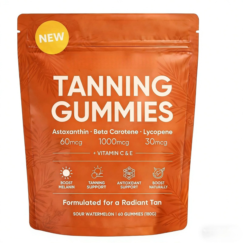 Tanning Gummies with Astaxanthin, Beta Carotene, Lycopene, Vitamin C & E, Supports Natural Glow & Bronzing, Skin Radiance & Hydration, Non-GMO, Vegan, Sugar-Free, 60 Count
