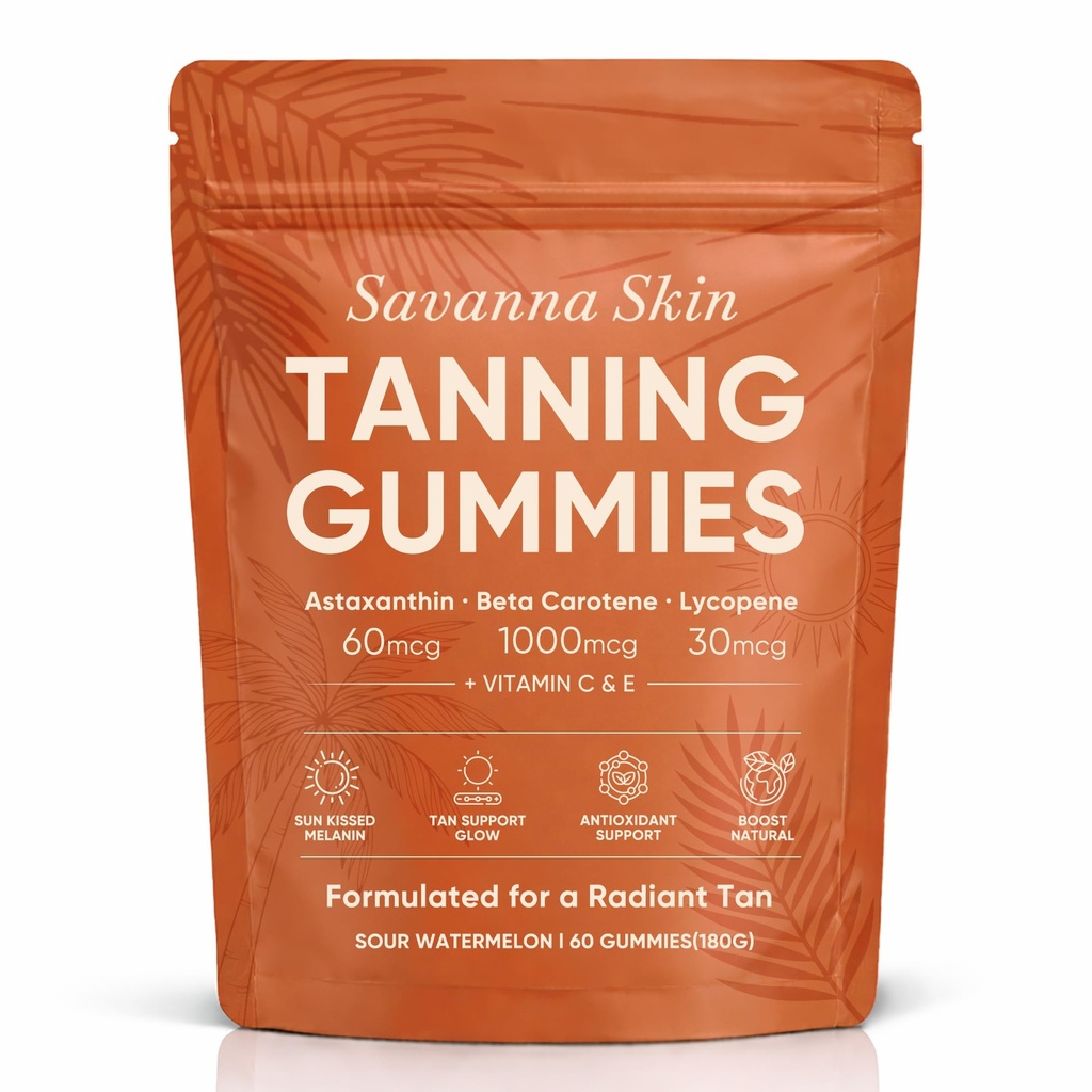 Savanna Skin Tanning Gummies, with Astaxanthin, Beta-Carotene, Lycopene & Vitamins, Radiant Healthy Skin, Vitality Support & Hydration, Vegan, Sugar-Free, Sour Watermelon Flavor, 60 Count (1)