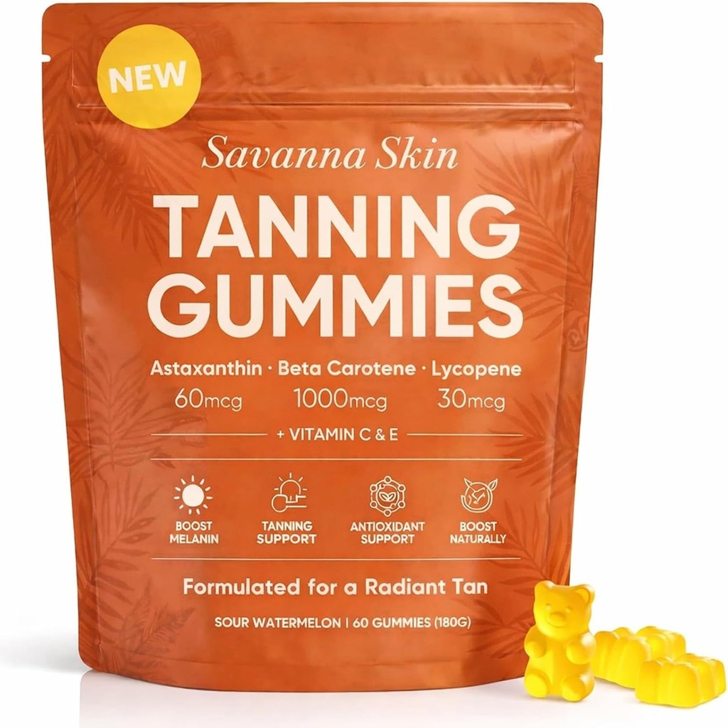 Savanna Skin Tanning Gummies, with Vitamin C & E, Astaxanthin, Beta Carotene & Lycopene Blend, Natural Looking Glow, Bronzing, Radiant Healthy Skin, Non-GMO, Vegan & Sugar-Free, 60 Gummies