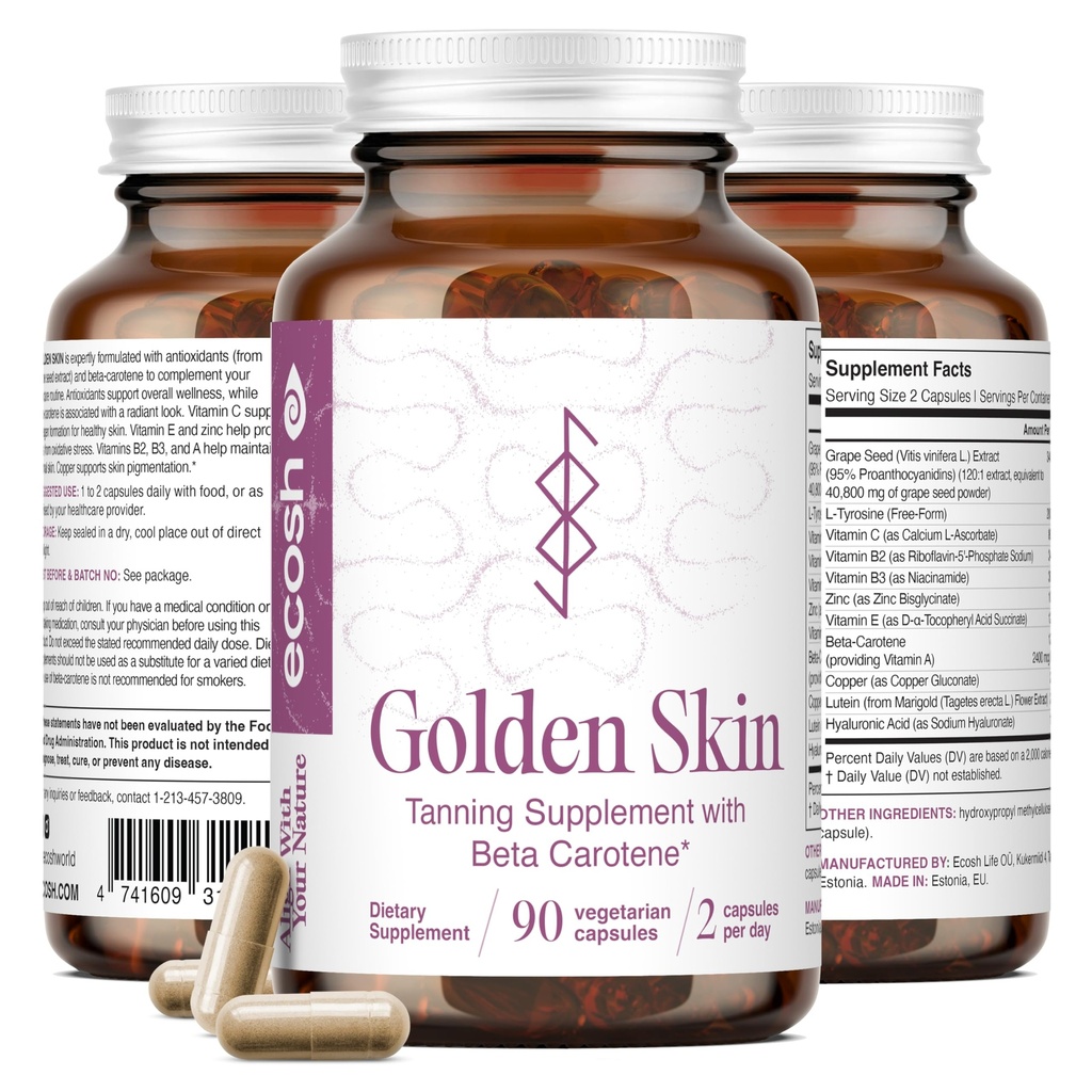Ecosh Golden Skin Tanning Supplement for Women & Men – Potent Tanning Pills with Beta Carotene, Lutein & L-Tyrosine for Skin Health | Natural Antioxidant Supplement & Tanning Vitamins | 90 Capsules