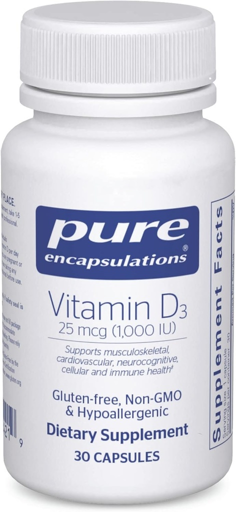 Encapsulacións pura vitamina D3 25 mcg (1,000 IU) - Suplemento para o óso de apoio, conxunto, peito, corazón, colon e saúde inmune - con vitamina D Premium - 30 cápsulas