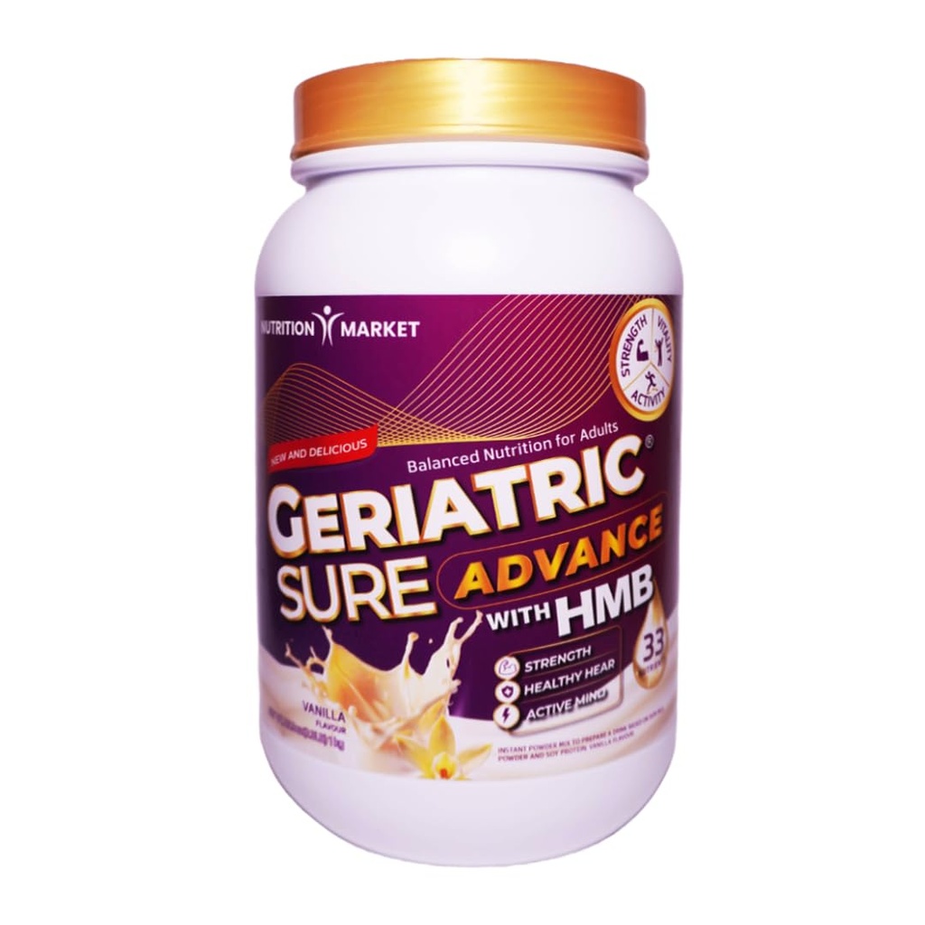 GeriatricSure Advance Geriatric Formula 35% Protein Daily Nutritional Supplement with HMB Vitamins-Minerals Lutein Beta-Carotene Menaquinone Muscle Strength Energy Wellbeing Immune System 1Kg Vanilla