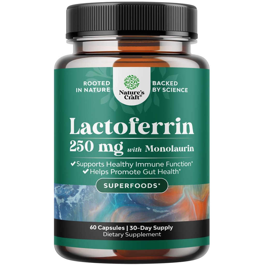 High Strength 250mg Lactoferrin & 1000mg Monolaurin Supplement - Microbiome Digestive Health Immune Support Supplement - Lactoferrin and Monolaurin Capsules - Vegetarian - 60 Count (Pack of 1)