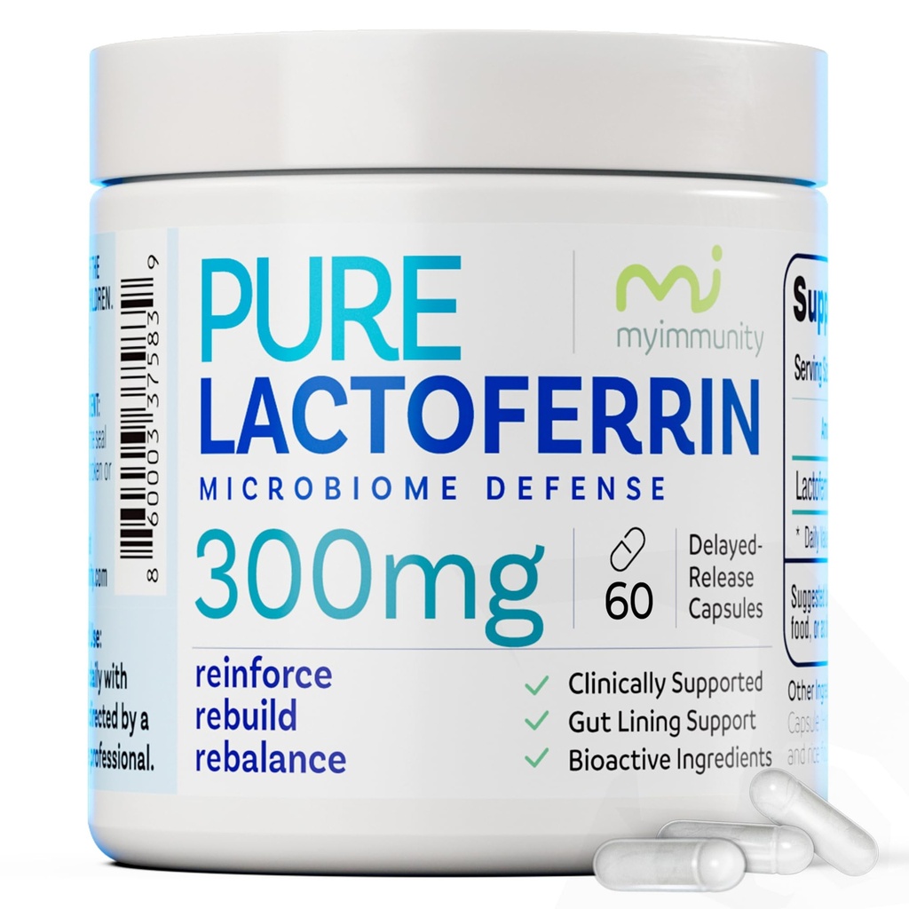 Pure Lactoferrin Microbiome Defense - 300mg Delayed Release Capsules, Non-GMO, Iron Absorption & Immune System Support, Lactoferrin Supplements for Adults, Gluten-Free (60 Capsules)